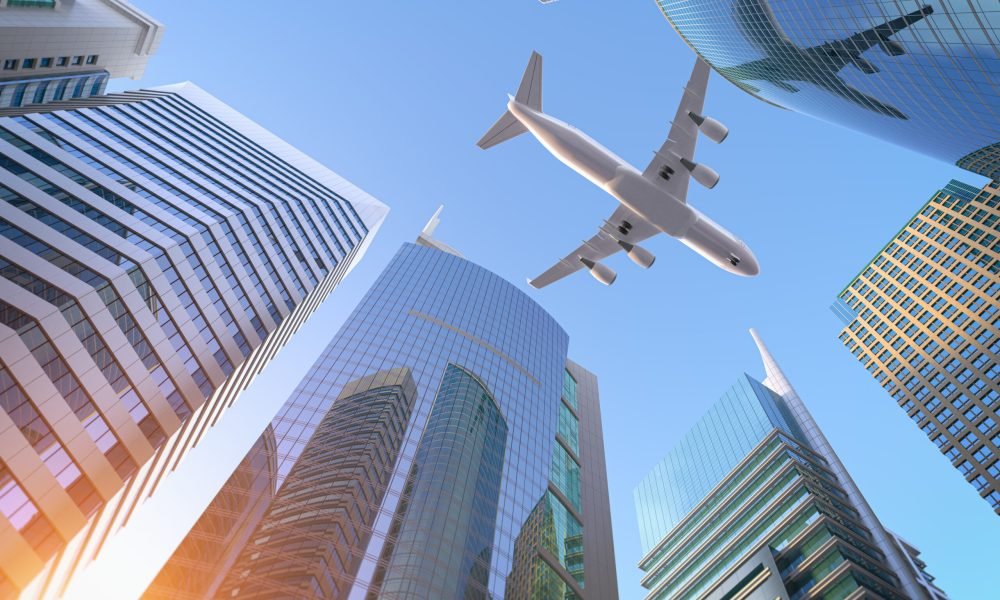 Airplane flying over skyscrapers n city downtown district. Business corporate travel background concept. 3d illustration